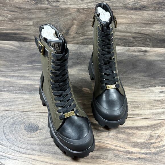 NIB Steve Madden Matriarch Leather Mixed Media Ankle Combat Boots Olive Multi 8M - Picture 3 of 10